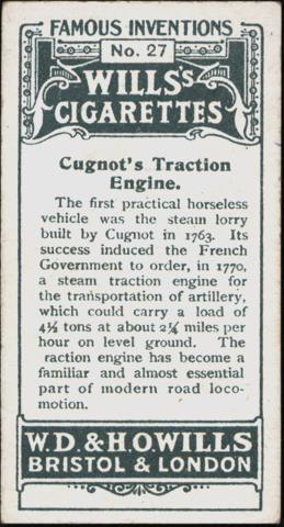 Cugnot Traction Engine, Wills Cigarettes Card Reverse